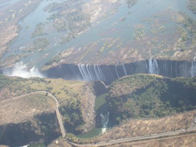 helicopter view of Victoria Falls, in Zimbabwe